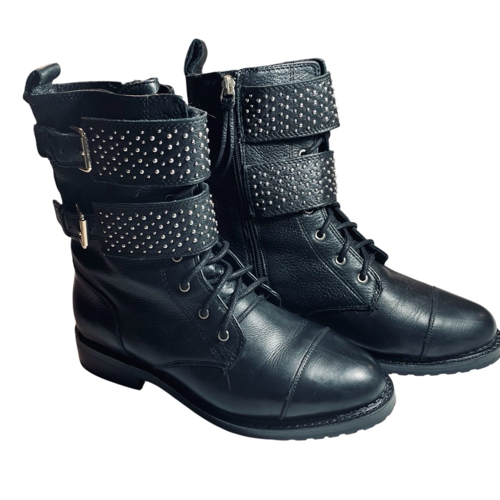 Rebecca Minkoff Moto Black Leather Double Studded Straps Ankle Boots Size 7